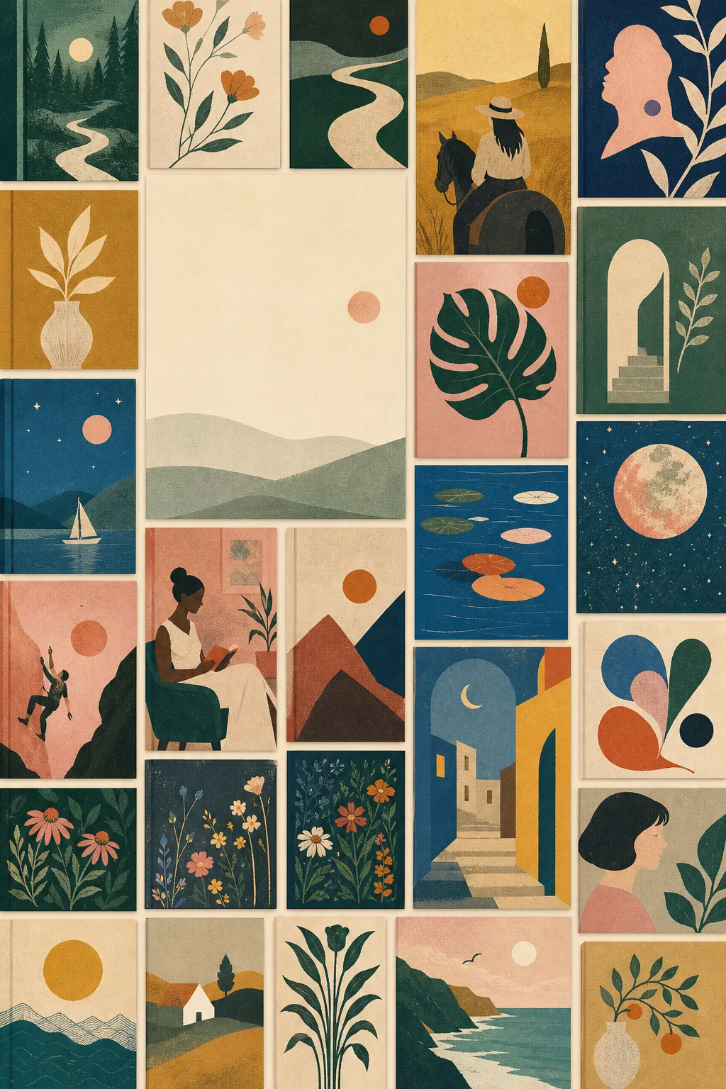 An original collage of colorful illustrated book covers